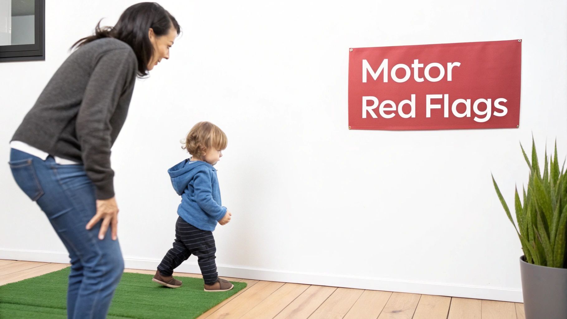 A woman observes a toddler walking on a green mat, with a "Motor Red Flags" banner on the wall.