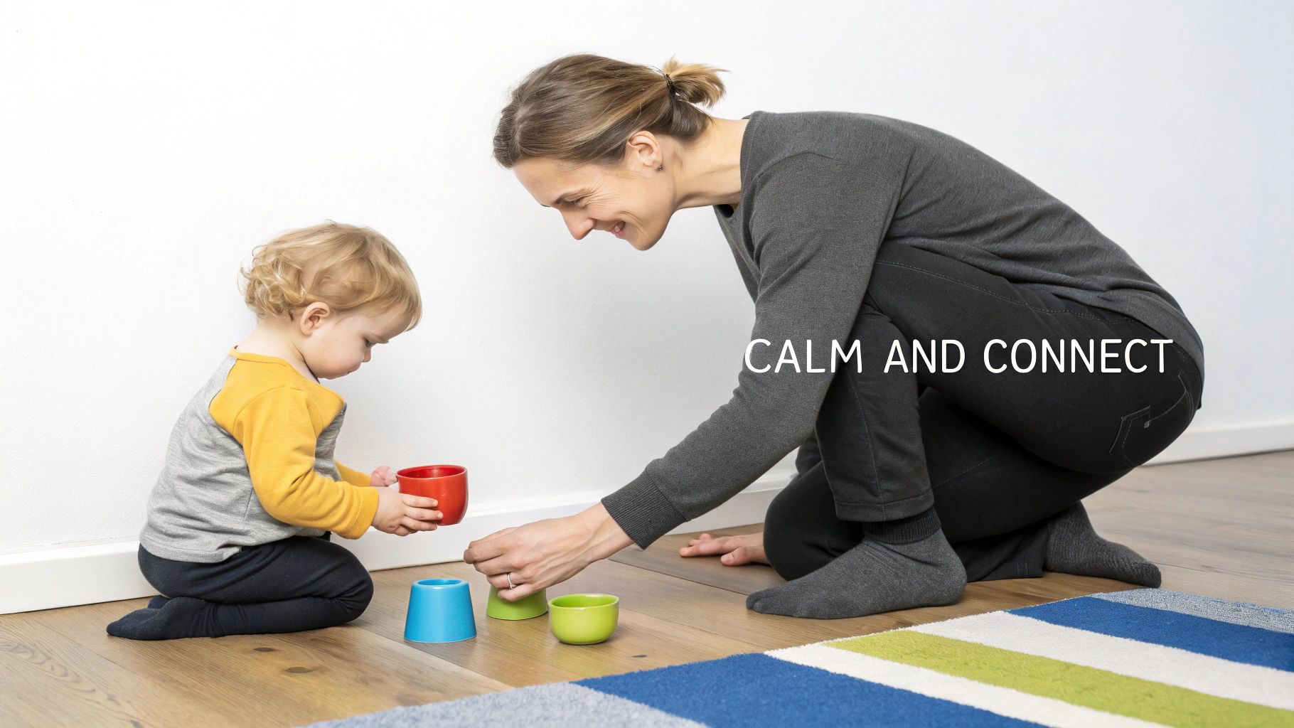A woman and a young child playing calmly with colorful stacking cups on a wooden floor, smiling and connecting.