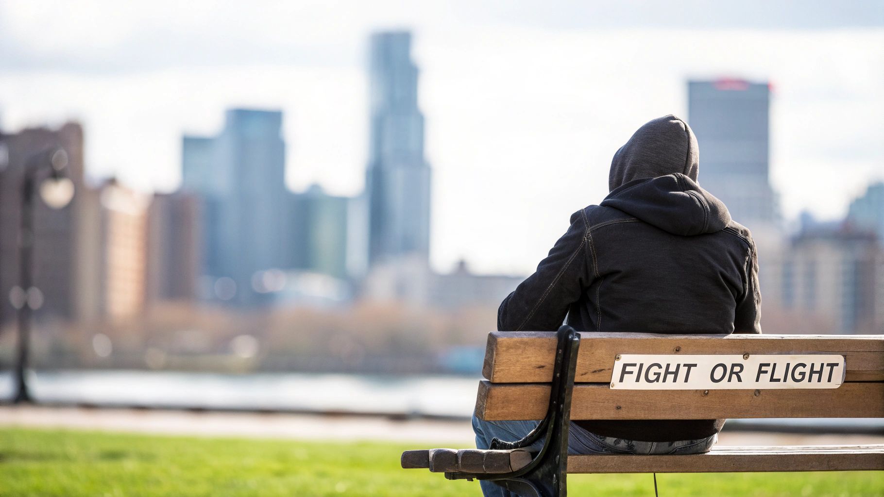Person in hooded jacket sitting alone on bench with fight or flight sign overlooking city skyline