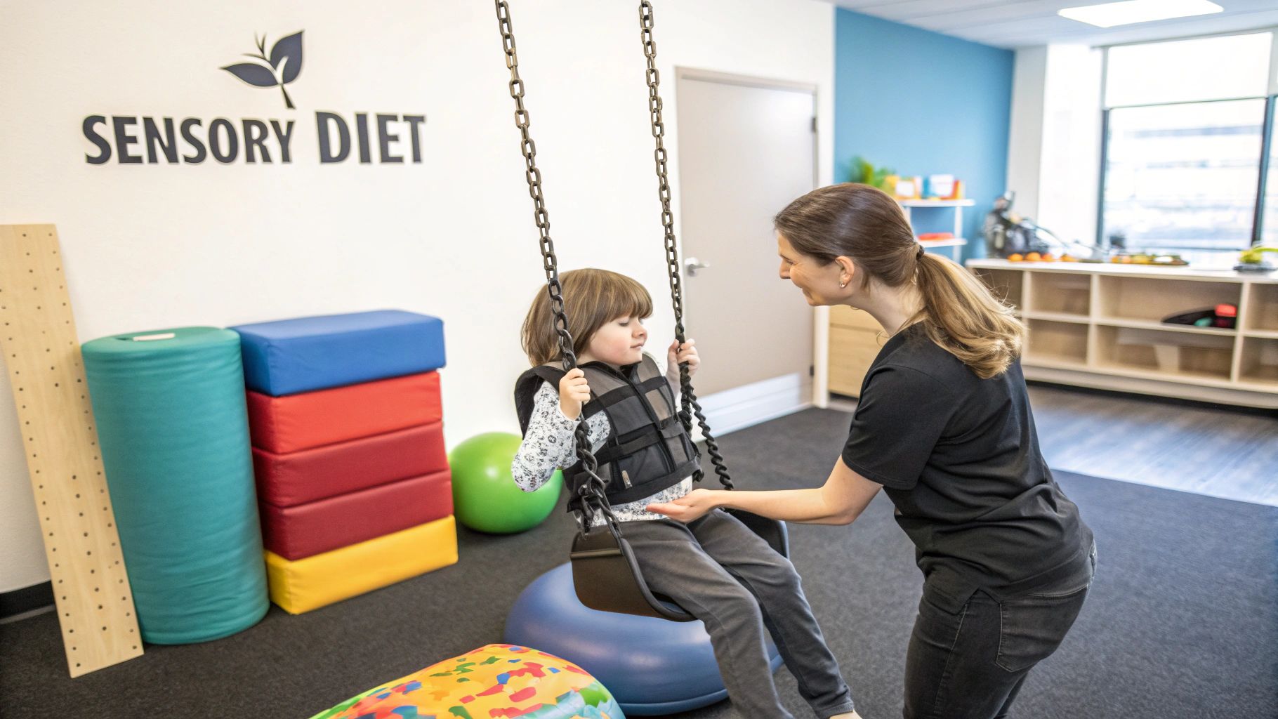 A child happily engages with a sensory therapy swing in a brightly lit room.