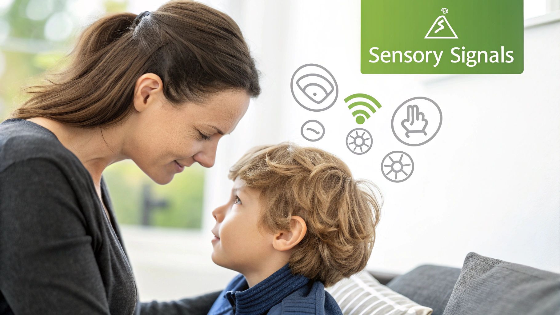 A mother and son make eye contact, surrounded by icons representing sensory signals.
