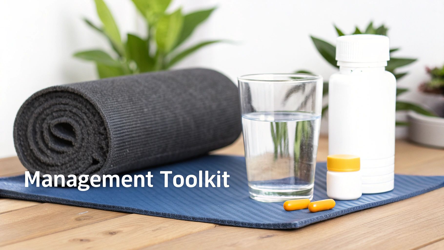 A dark yoga mat, glass of water, and pill bottles on a blue mat, representing a health management toolkit.