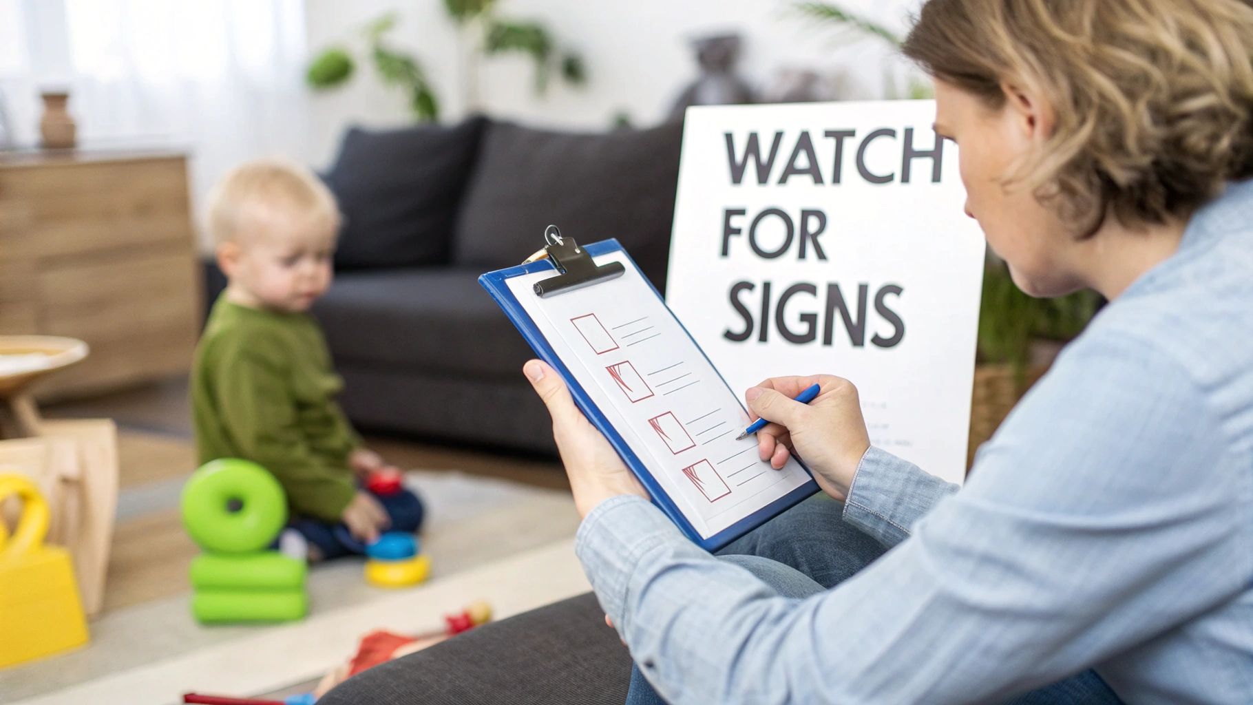 A concerned parent looking at their child who is playing on the floor.