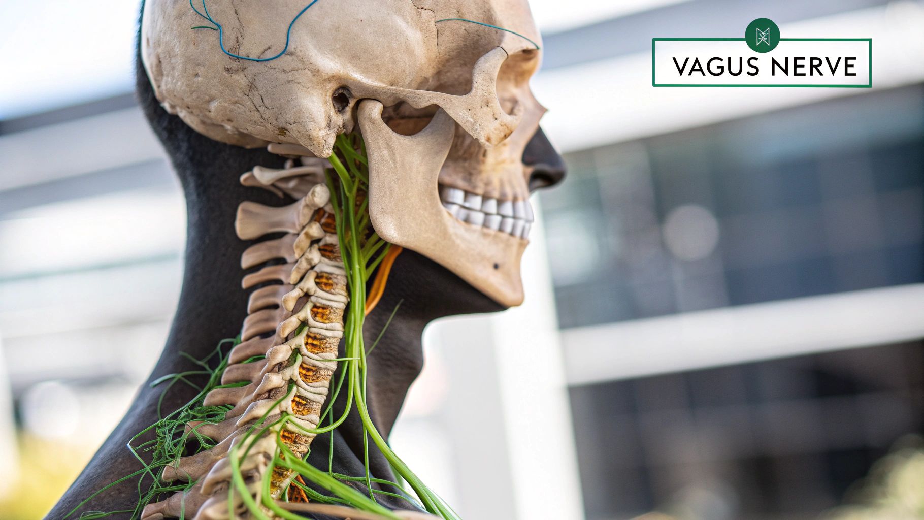 A glowing, branching nerve pathway representing the vagus nerve running from the brain down through the torso.