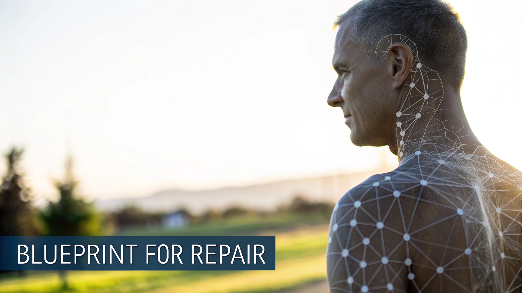 A man with a digital neural network overlay on his head, neck, and back, text 'BLUEPRINT FOR REPAIR'.