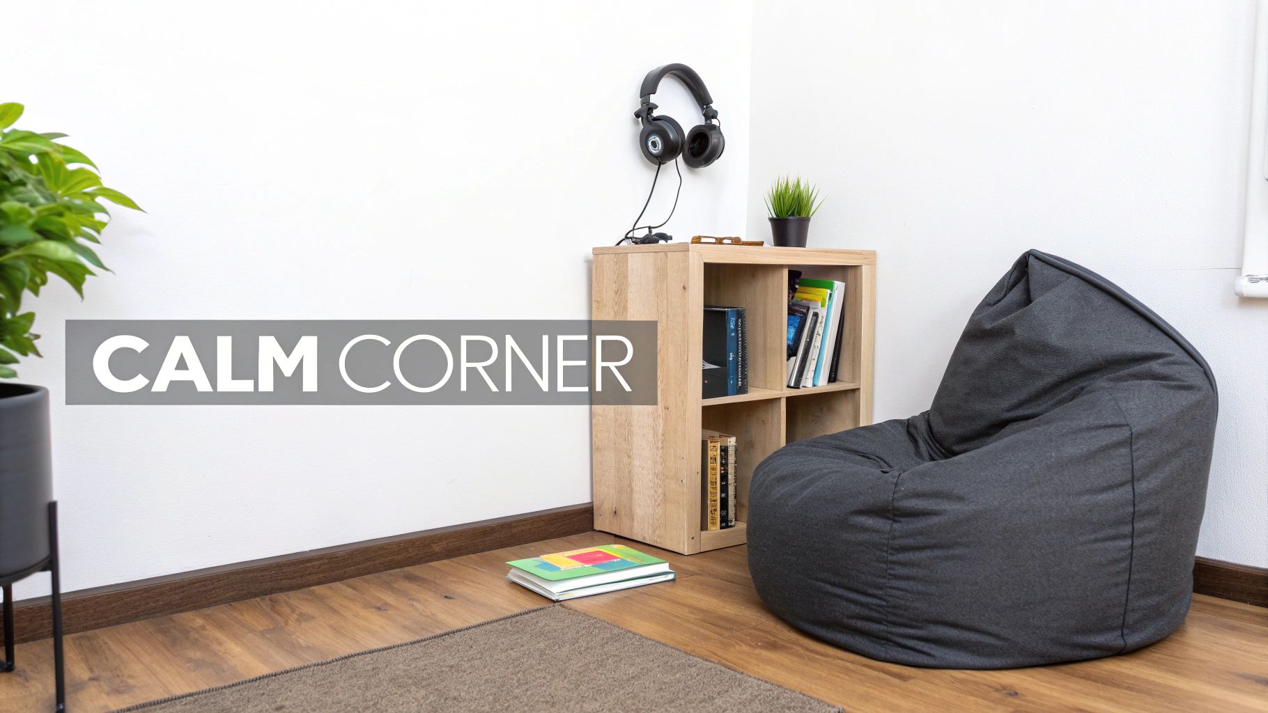 A quiet and calm corner featuring a grey bean bag chair, wooden bookshelf with books, headphones, and a green plant.