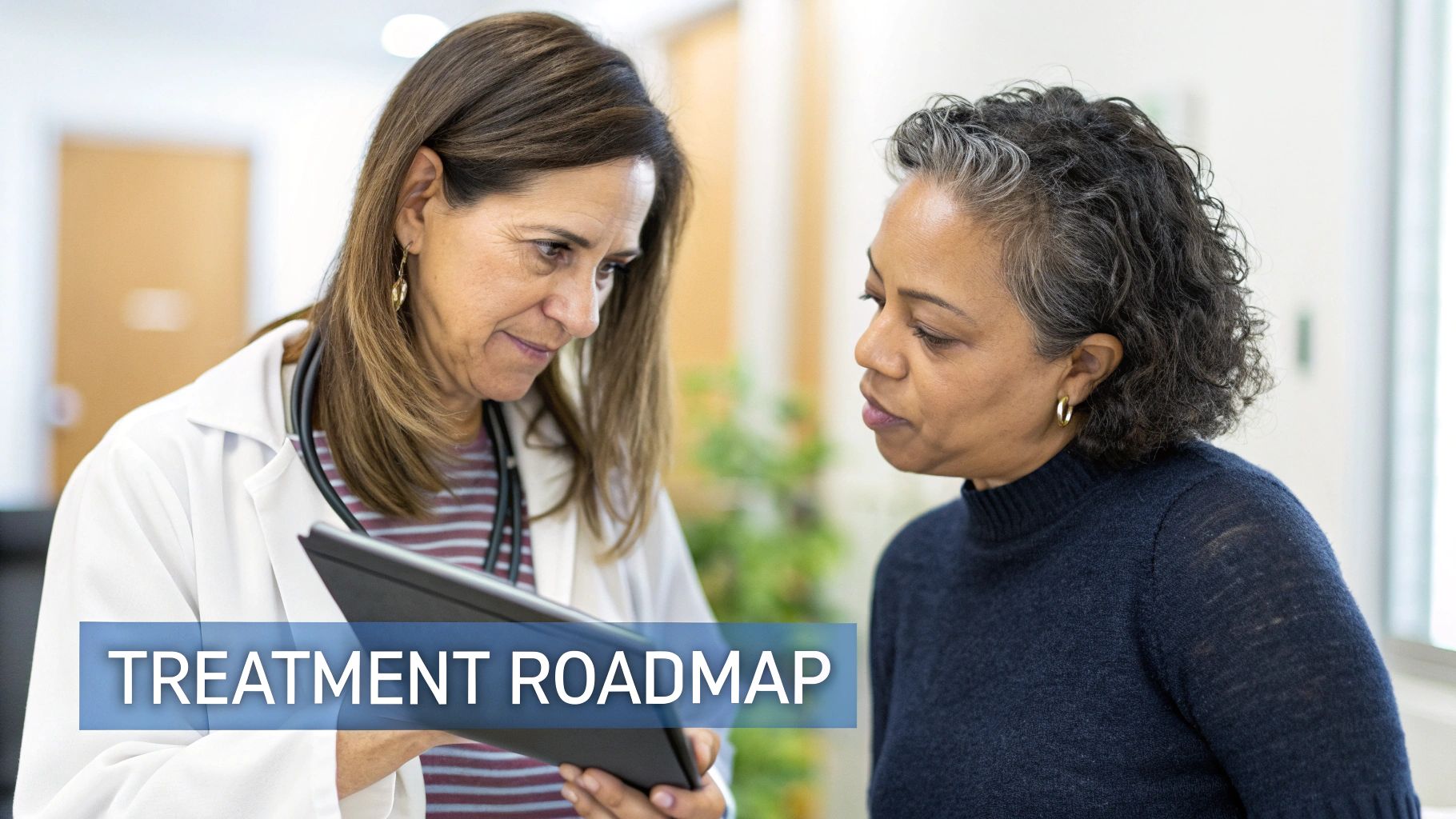 A doctor shows a patient a 'Treatment Roadmap' on a tablet in a medical setting.