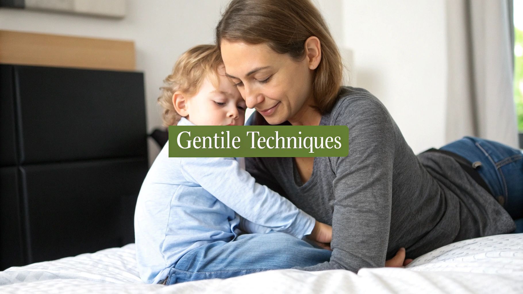 A mother gently embraces her toddler on a bed, sharing a tender and comforting moment.