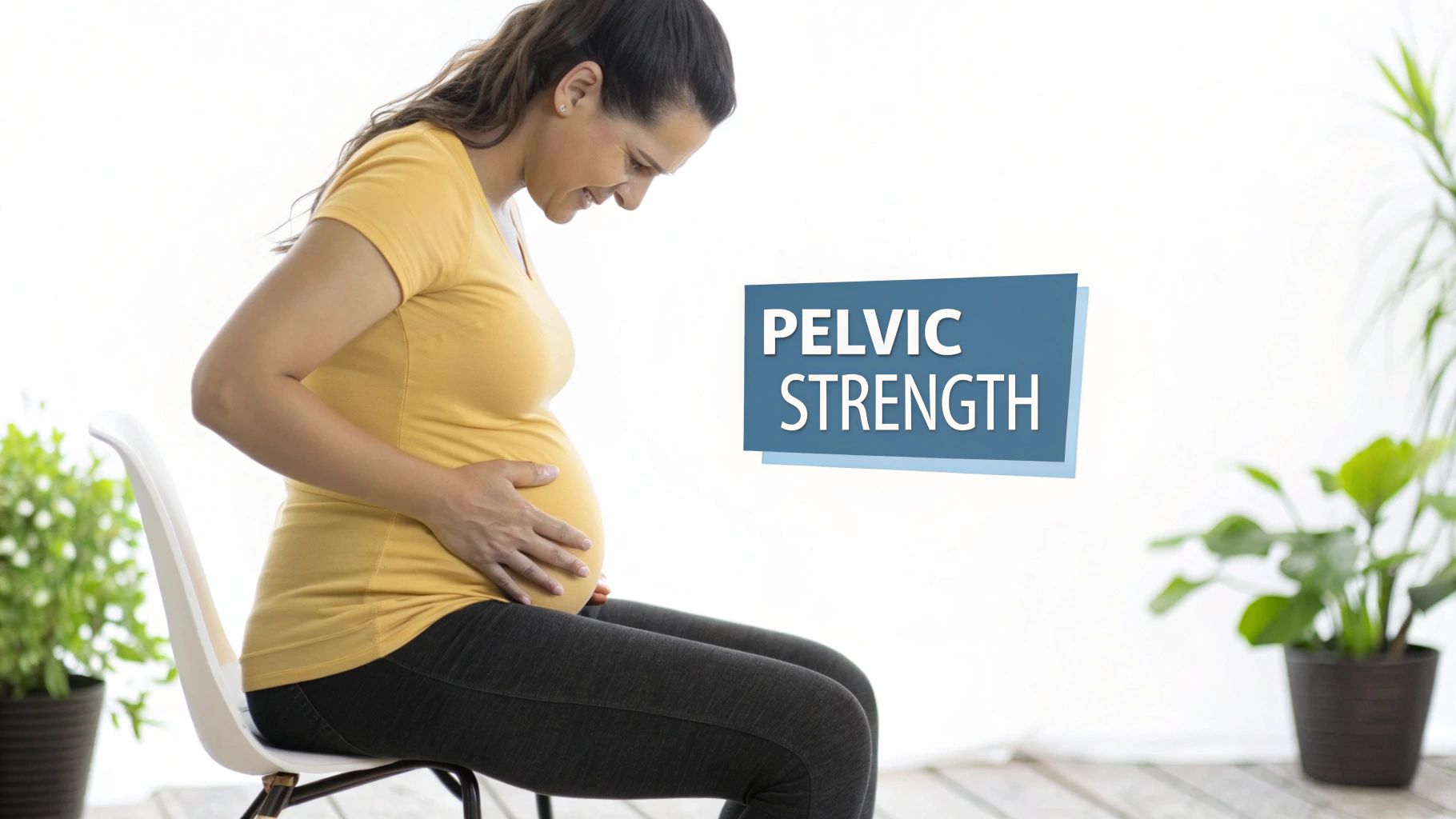 A pregnant woman sits, holding her belly with a focused expression, next to text 'PELVIC STRENGTH'.