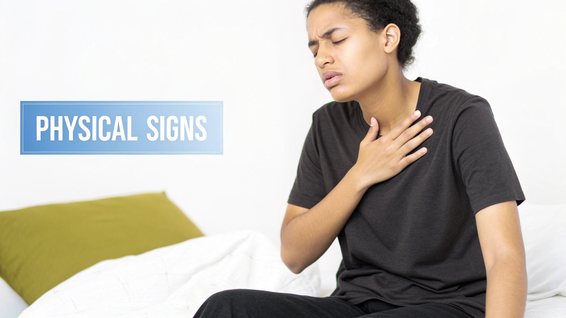 A person experiencing physical tension in their neck and shoulders, representing sympathetic overdrive symptoms.