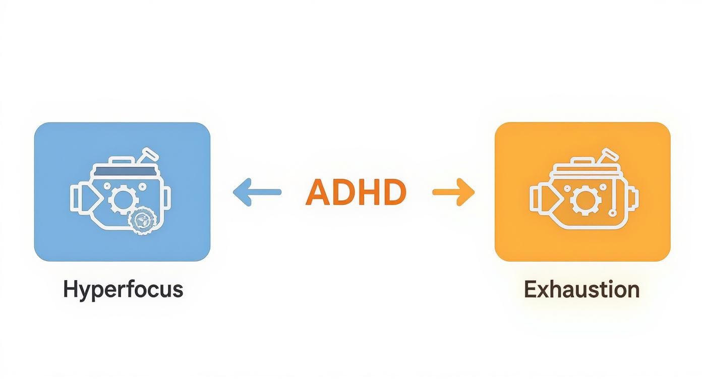 An image illustrating the ADHD cycle between hyperfocus and exhaustion, represented by engine icons.