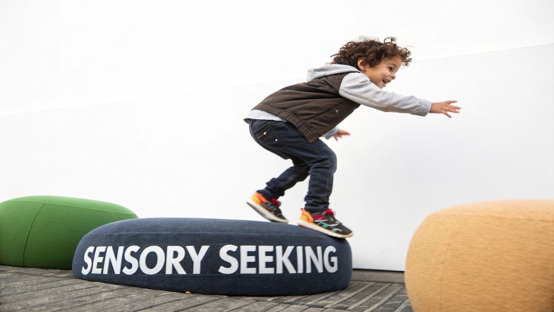 A child actively jumping and playing, embodying sensory-seeking behavior.