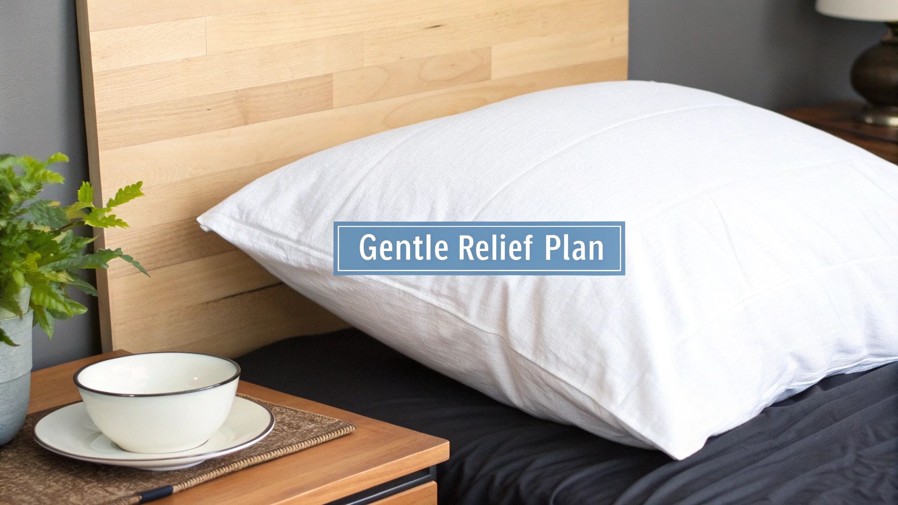 A white pillow on a bed with a wooden headboard, a bedside table, and a "Gentle Relief Plan" banner.