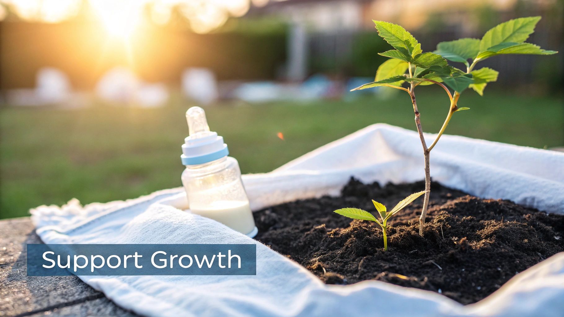 A baby bottle with milk next to young plants growing in soil, symbolizing nurturing and growth.