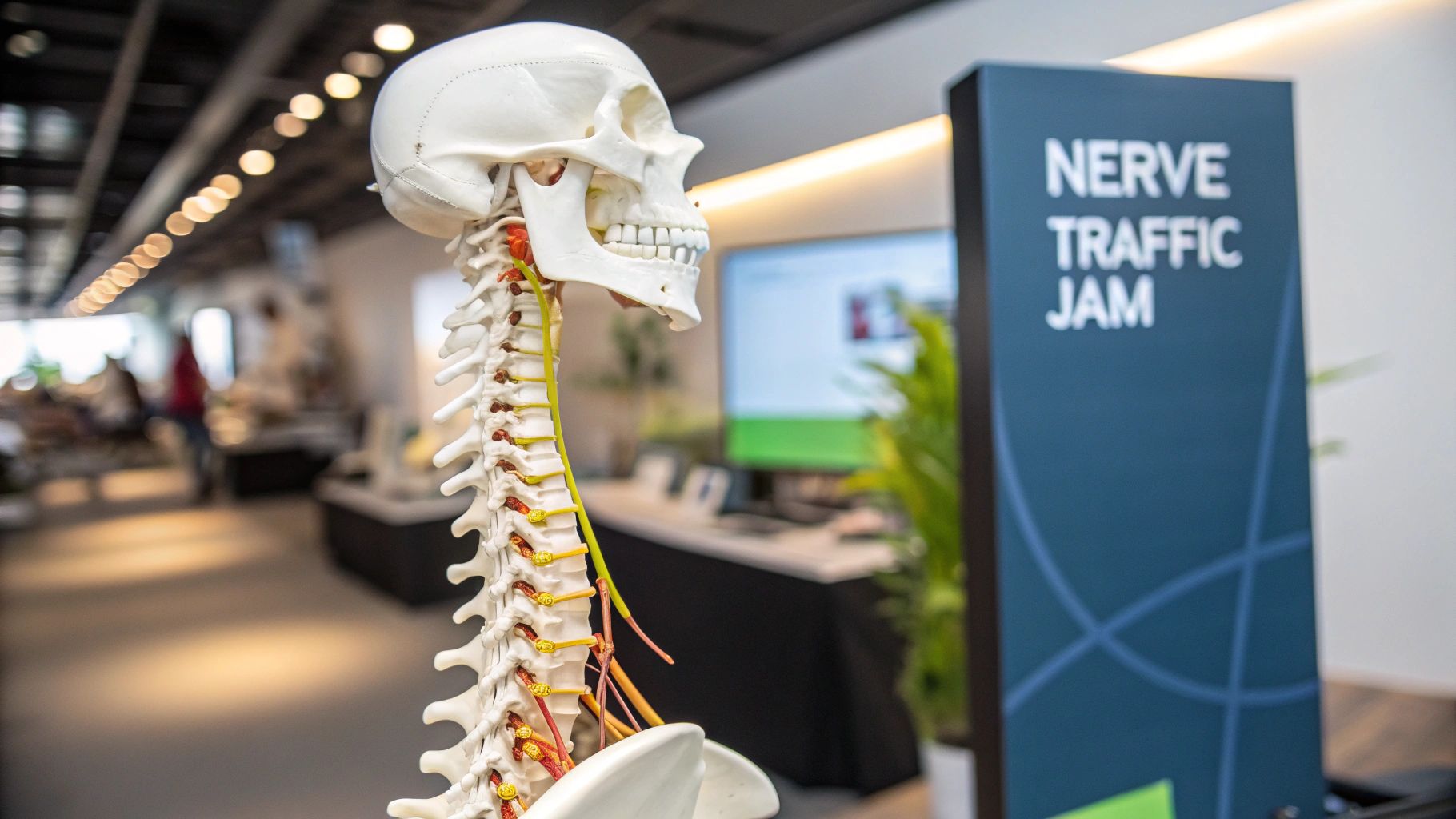 Close-up of a human spine model with red areas indicating pain or subluxation