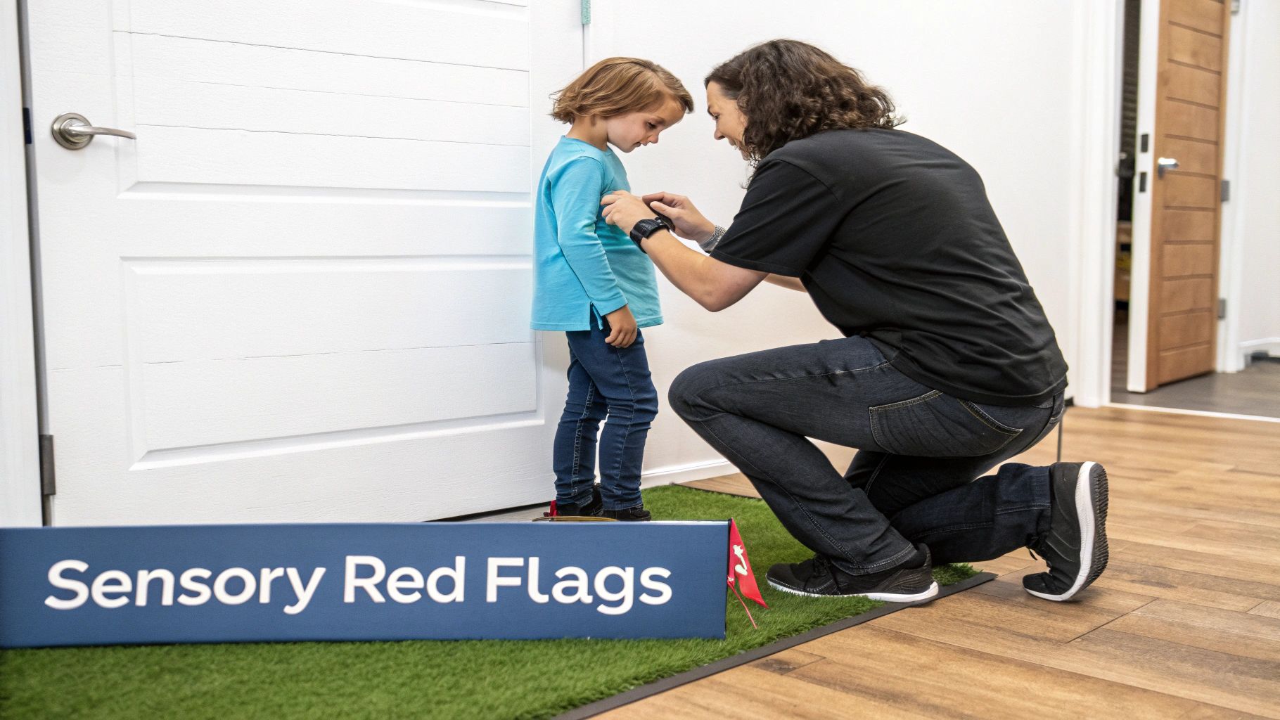 An adult kneels, gently adjusting a young child's shirt, next to a "Sensory Red Flags" sign.