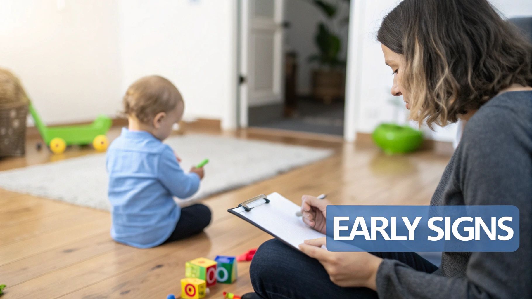 A woman observes a toddler playing with toys on the floor, documenting notes on a clipboard for developmental assessment.