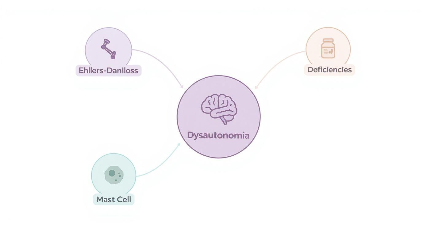 Diagram illustrating how Ehlers-Danlos, deficiencies, and mast cell issues are linked to Dysautonomia.