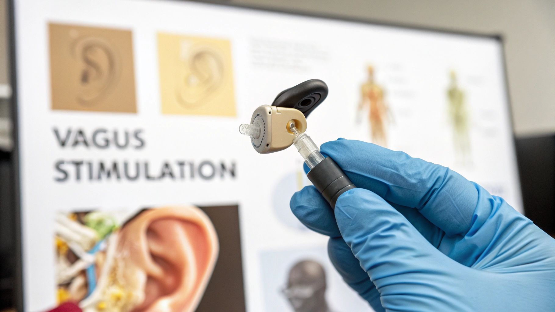 A gloved hand holds an ear-worn medical device for vagus nerve stimulation, with anatomical diagrams in the background.
