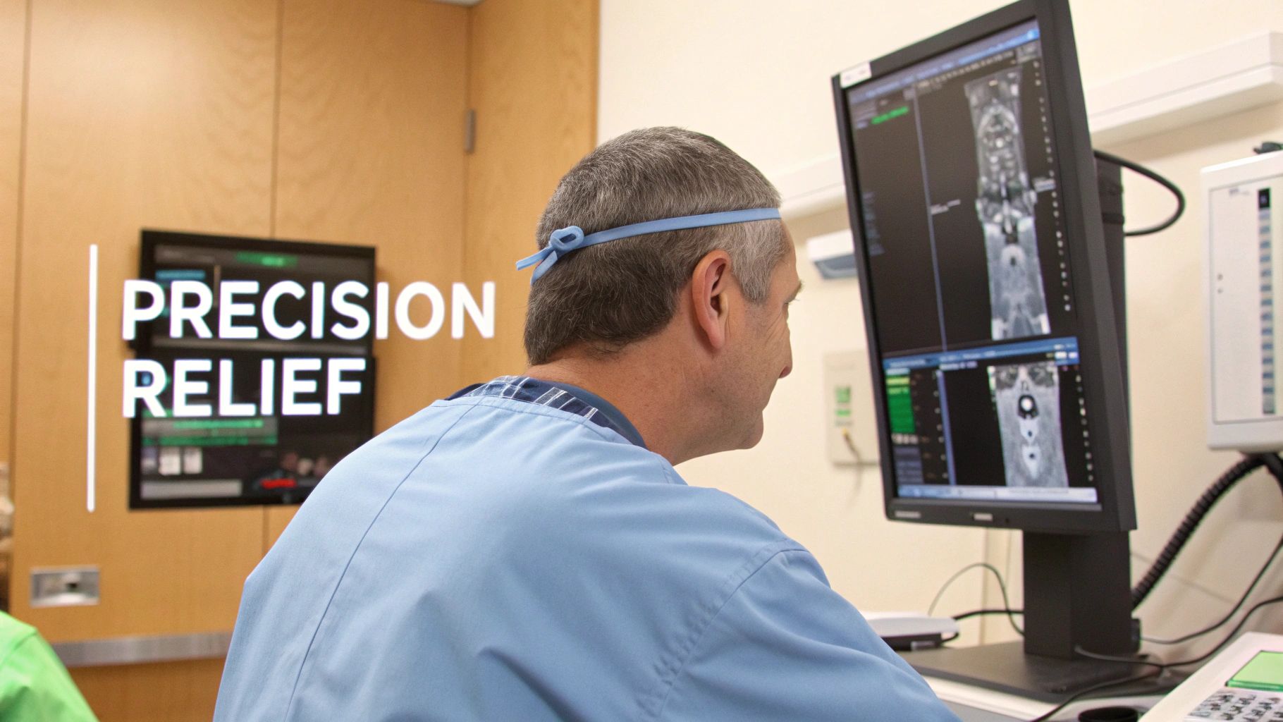 Medical professional examining spinal imaging scans on computer monitor for precision pain relief treatment