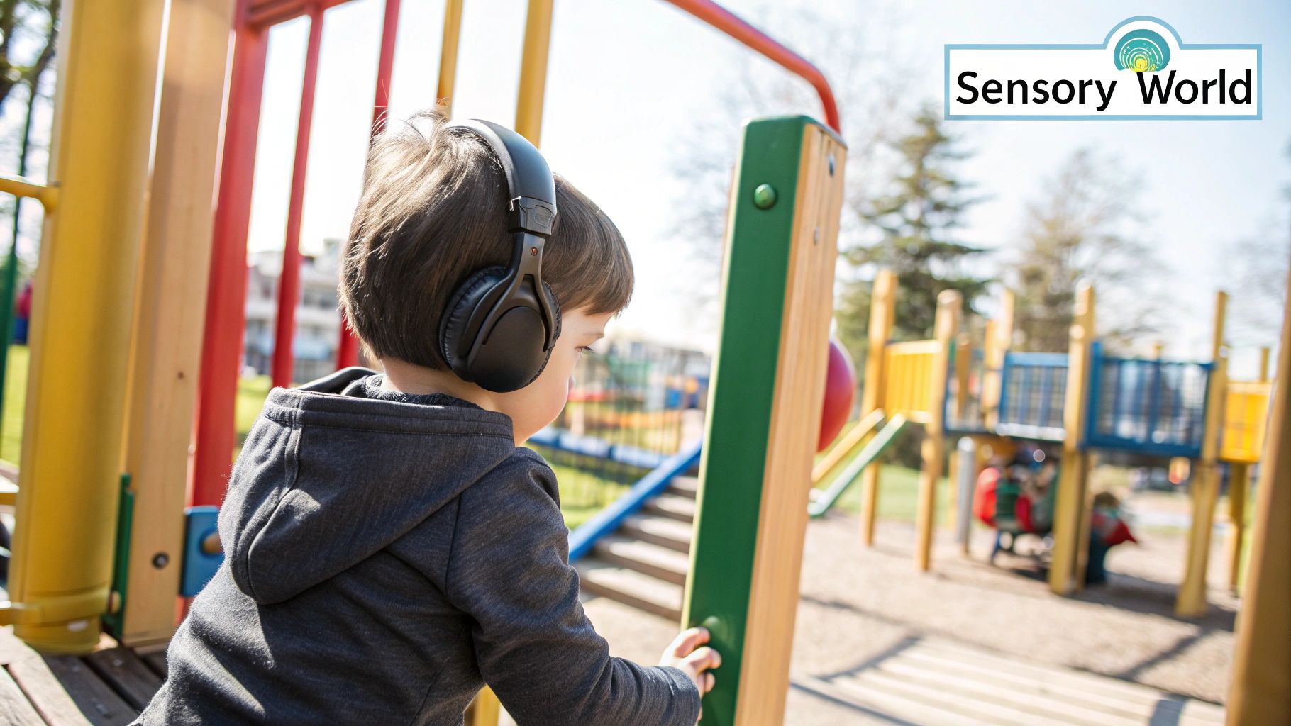 A young child wearing noise-canceling headphones to block out overwhelming sounds.