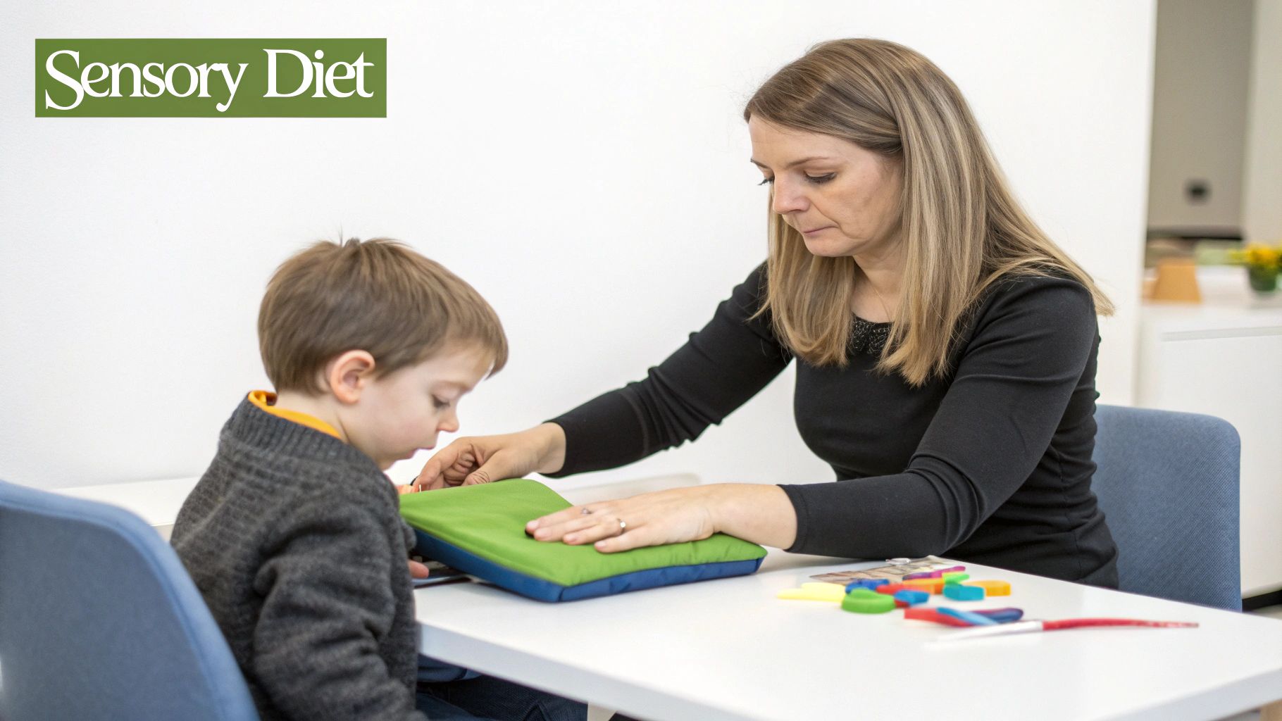 A therapist guides a young boy during a sensory activity with a green cushion and colorful shapes.