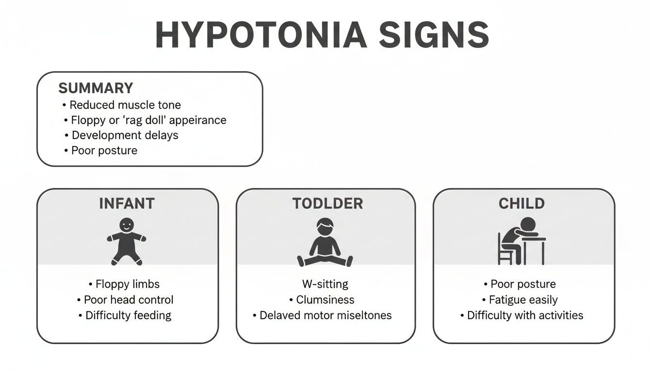 An infographic detailing signs of hypotonia in infants, toddlers, and children, with a summary.