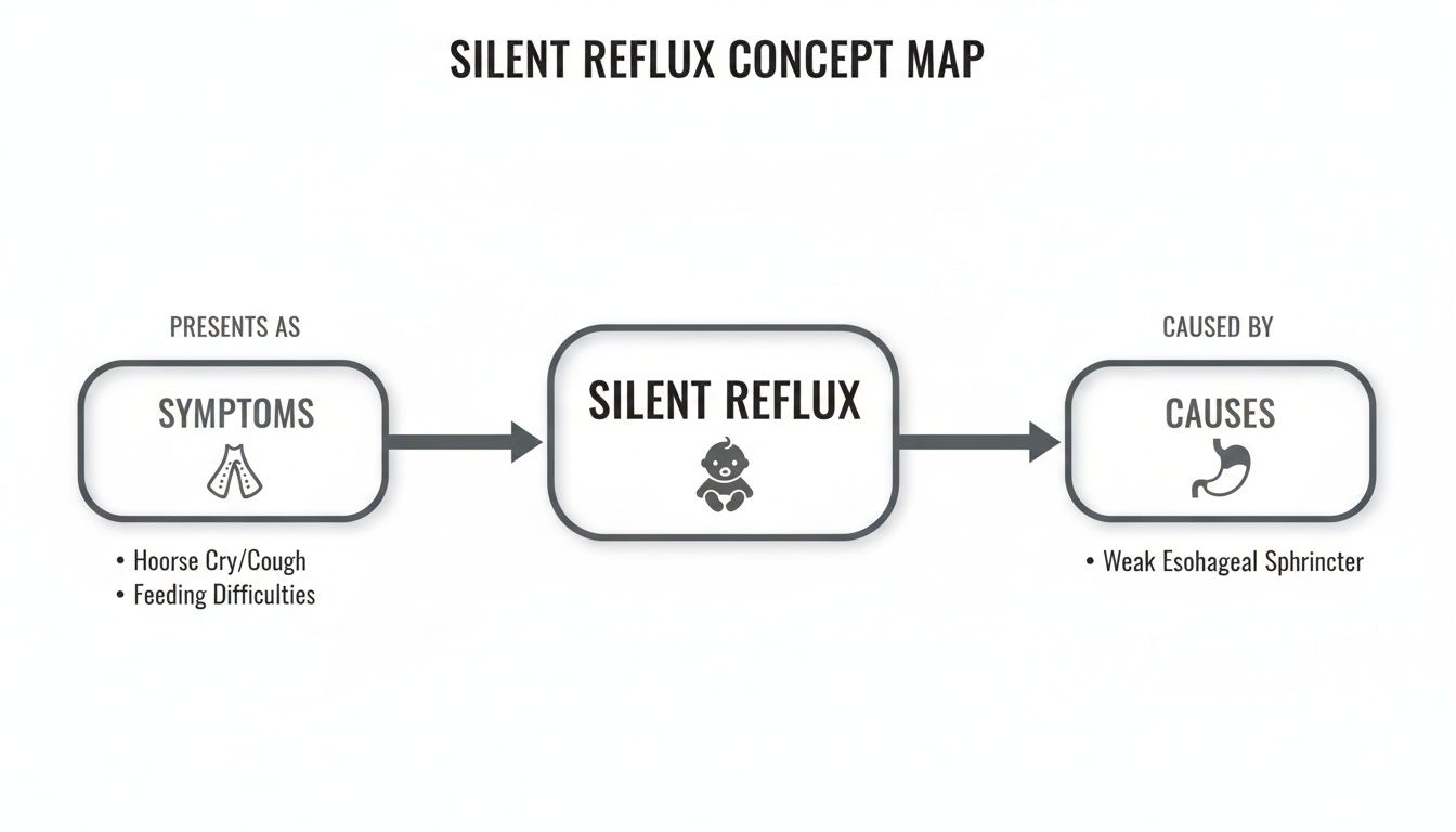 Concept map illustrating silent reflux in babies, its symptoms (hoarse cry, feeding difficulties) and primary cause (weak esophageal sphincter).