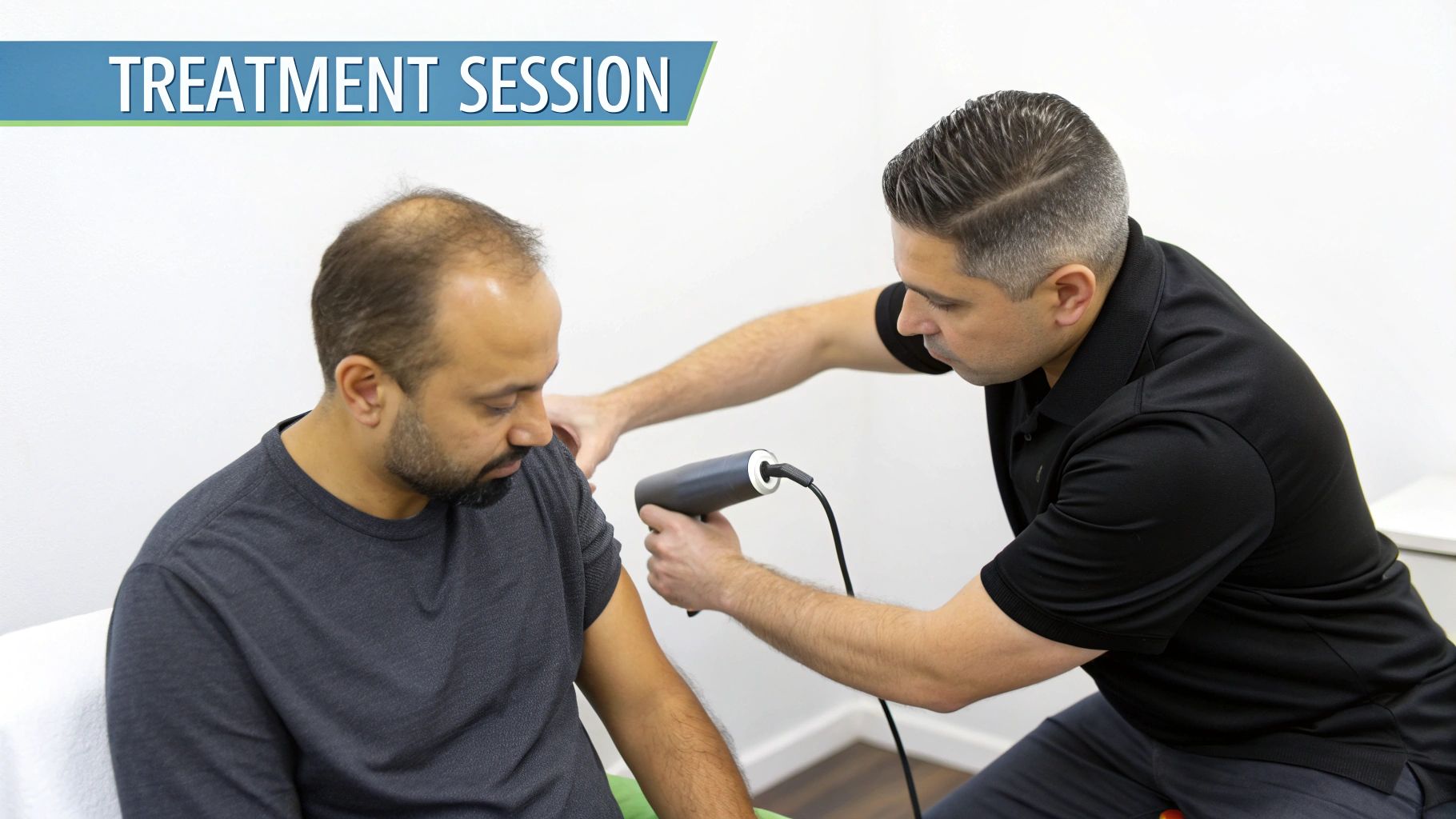 A male patient receives shockwave therapy on his arm from a male therapist during a treatment session.