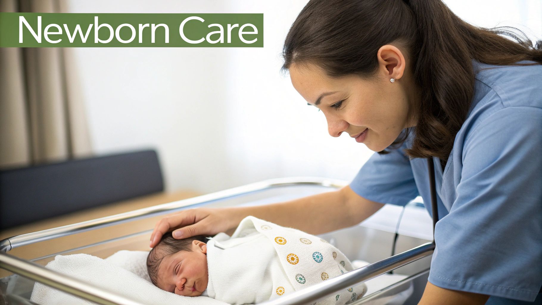 A caring nurse gently touches a sleeping newborn baby in a hospital bassinet, demonstrating newborn care.