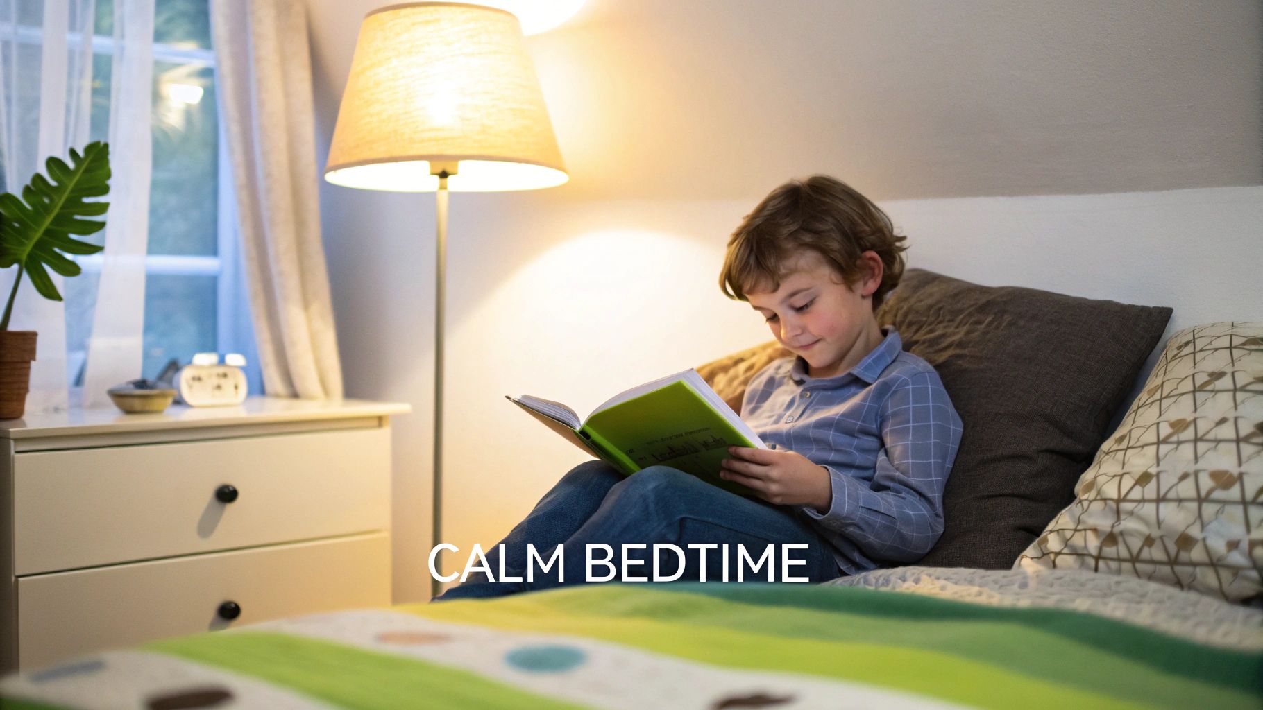 A calm and organized child's bedroom with soft lighting, creating a peaceful atmosphere.