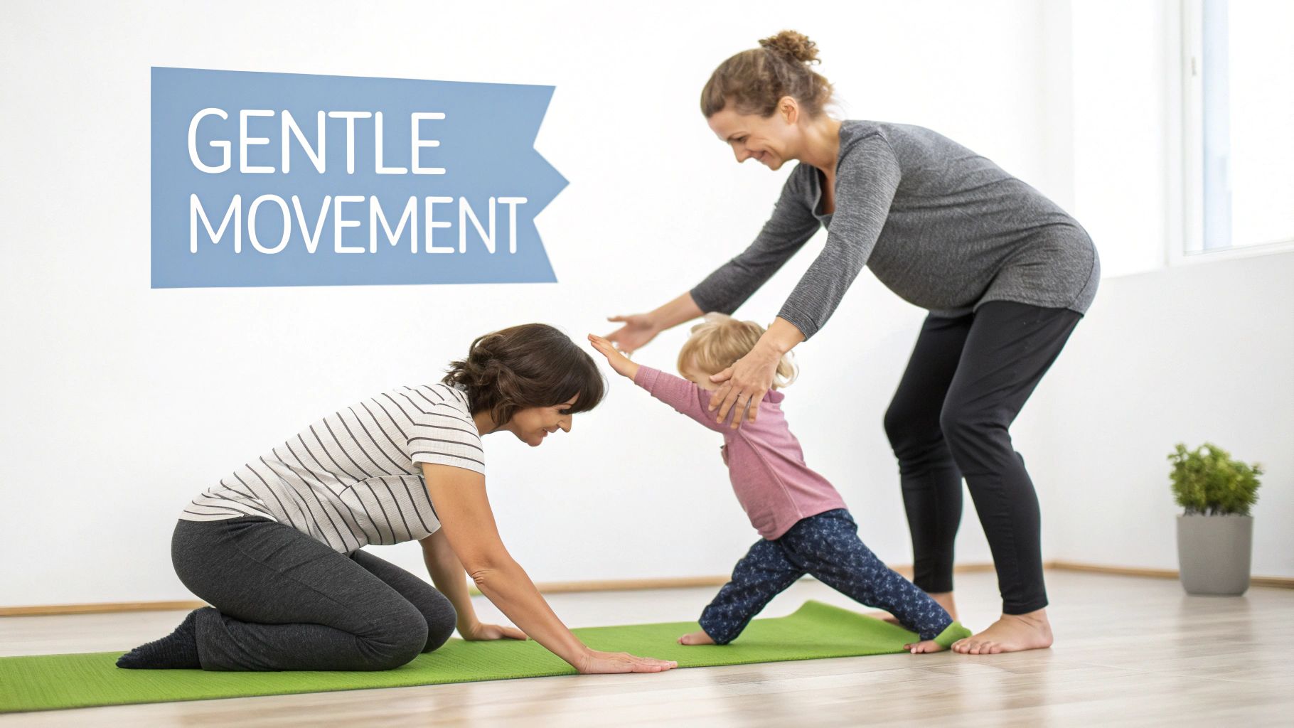 A pregnant woman, another woman, and a toddler doing gentle exercises on a yoga mat.