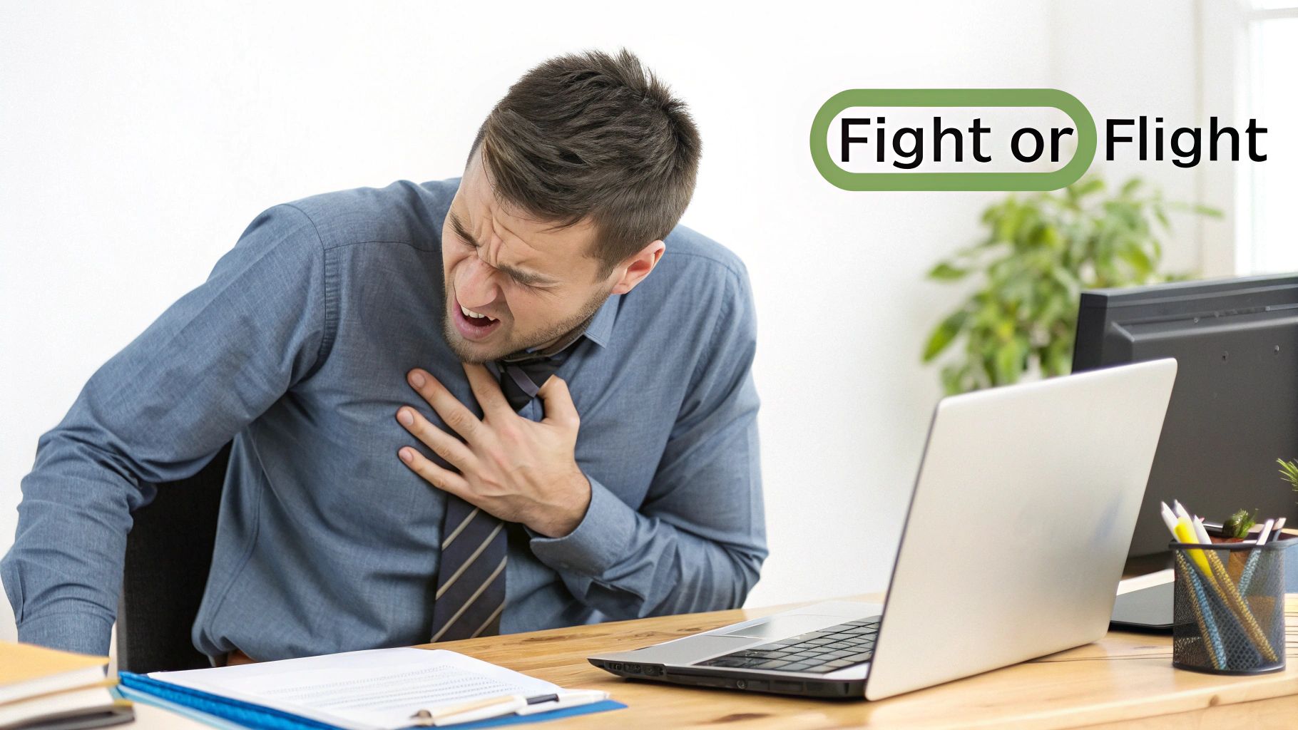 A man in an office clutches his chest in pain, illustrating the 'Fight or Flight' response.