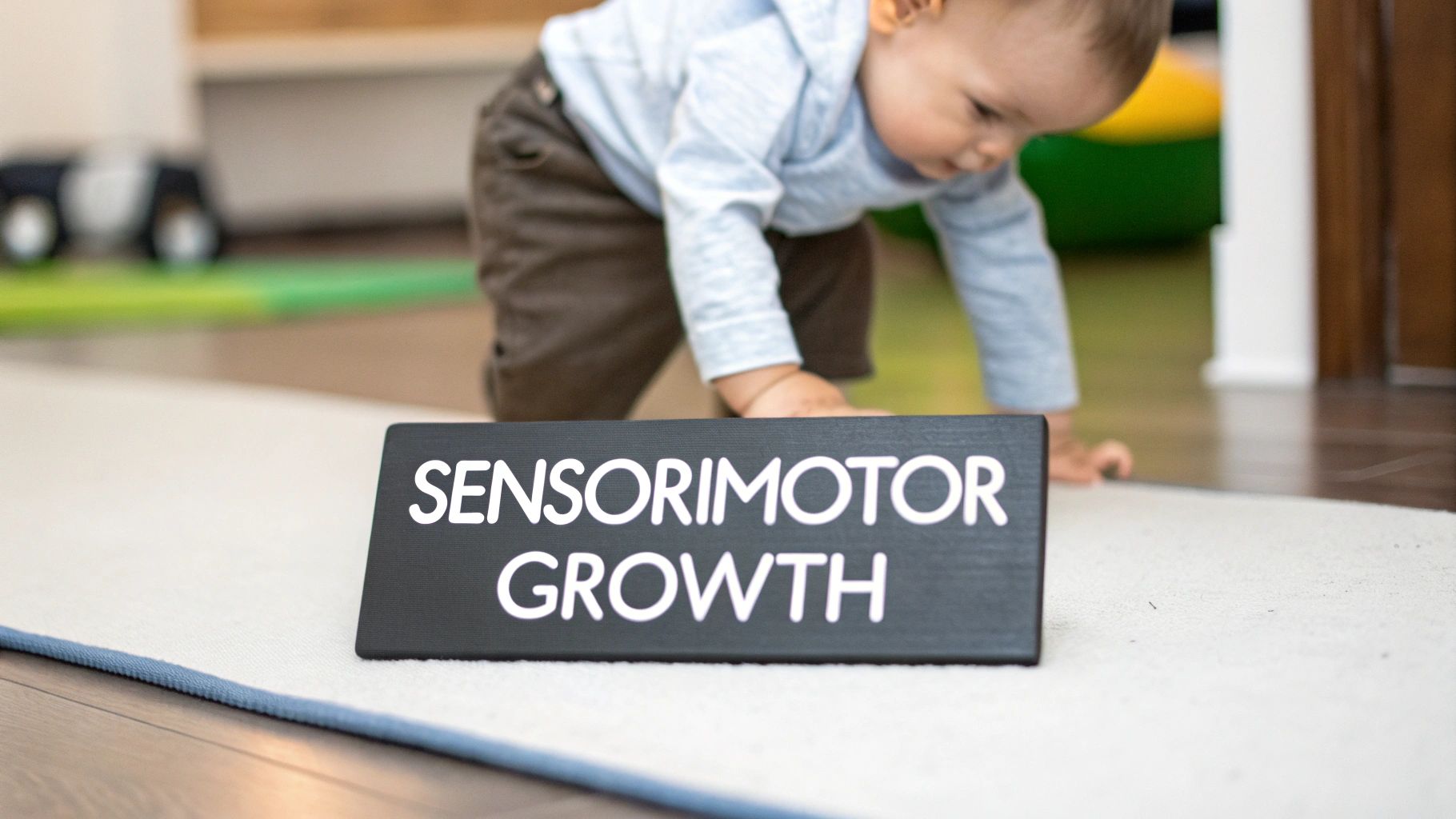 A baby boy in a light blue top and brown pants crawls on a rug next to a "SENSORIMOTOR GROWTH" sign.