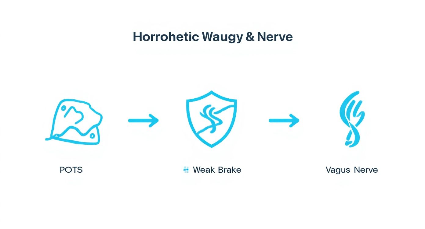 Diagram showing POTS condition leading to weak brake on vagus nerve function