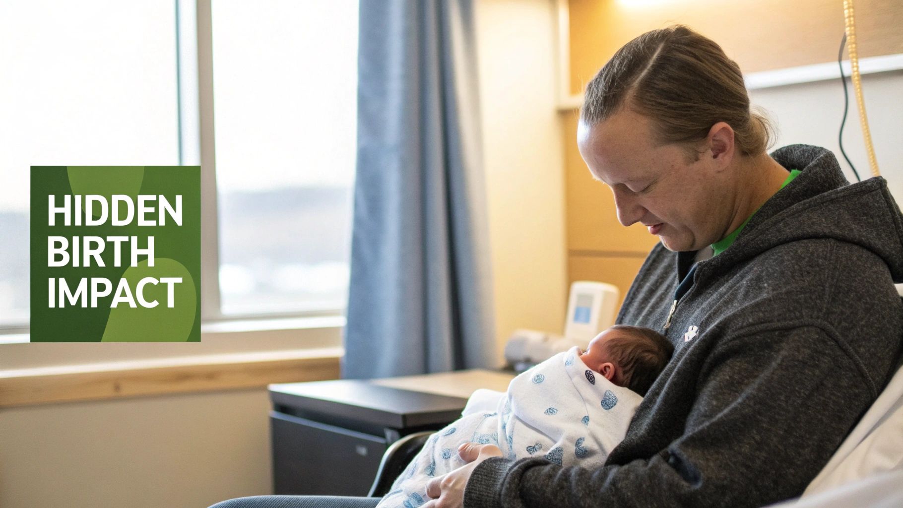 A parent gently holds a swaddled newborn baby in a hospital room, with 'HIDDEN BIRTH IMPACT' text.