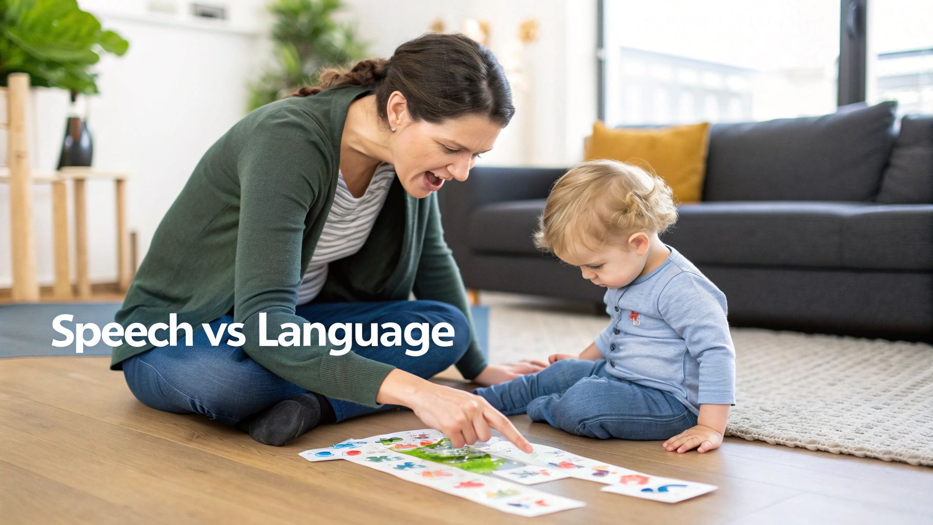 Smiling woman teaching a baby with colorful flashcards on the floor, promoting speech development.