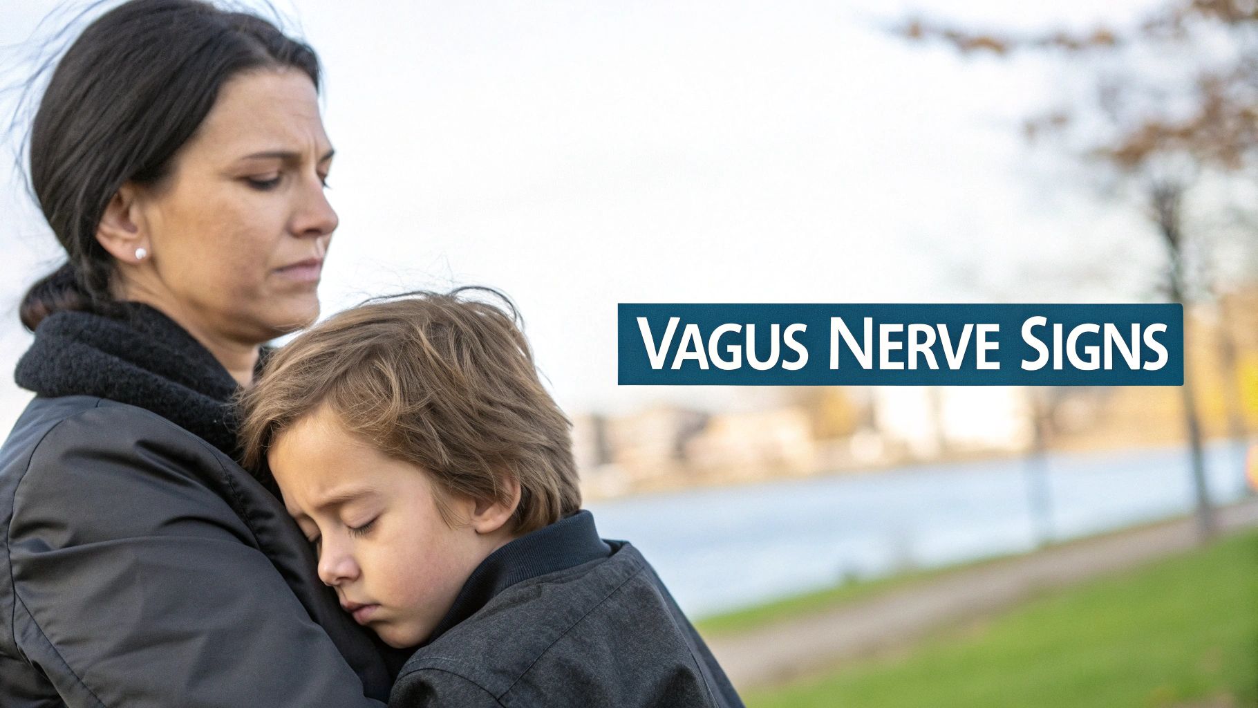 A concerned mother cradles her child, resting on her shoulder, illustrating vagus nerve signs.