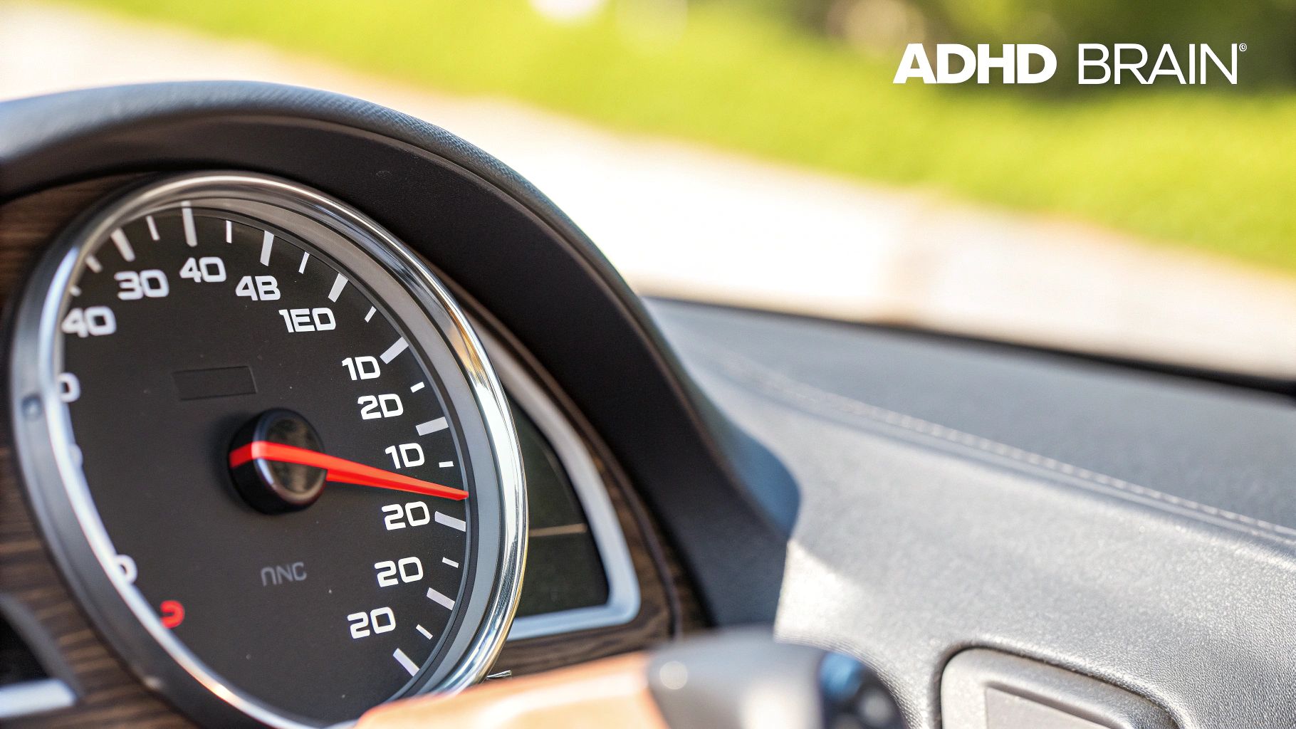Close-up of a car's dashboard gauge with a red needle, showing numbers and an 'ADHD BRAIN' logo.