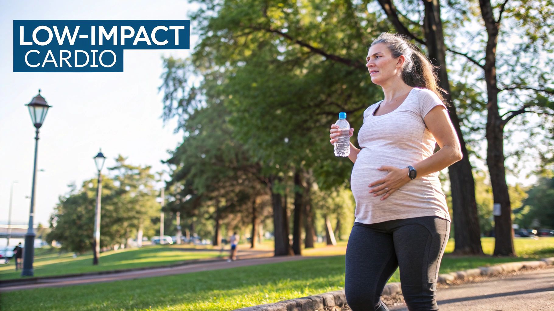 A pregnant woman walking briskly outdoors on a sunny day, looking happy and active.