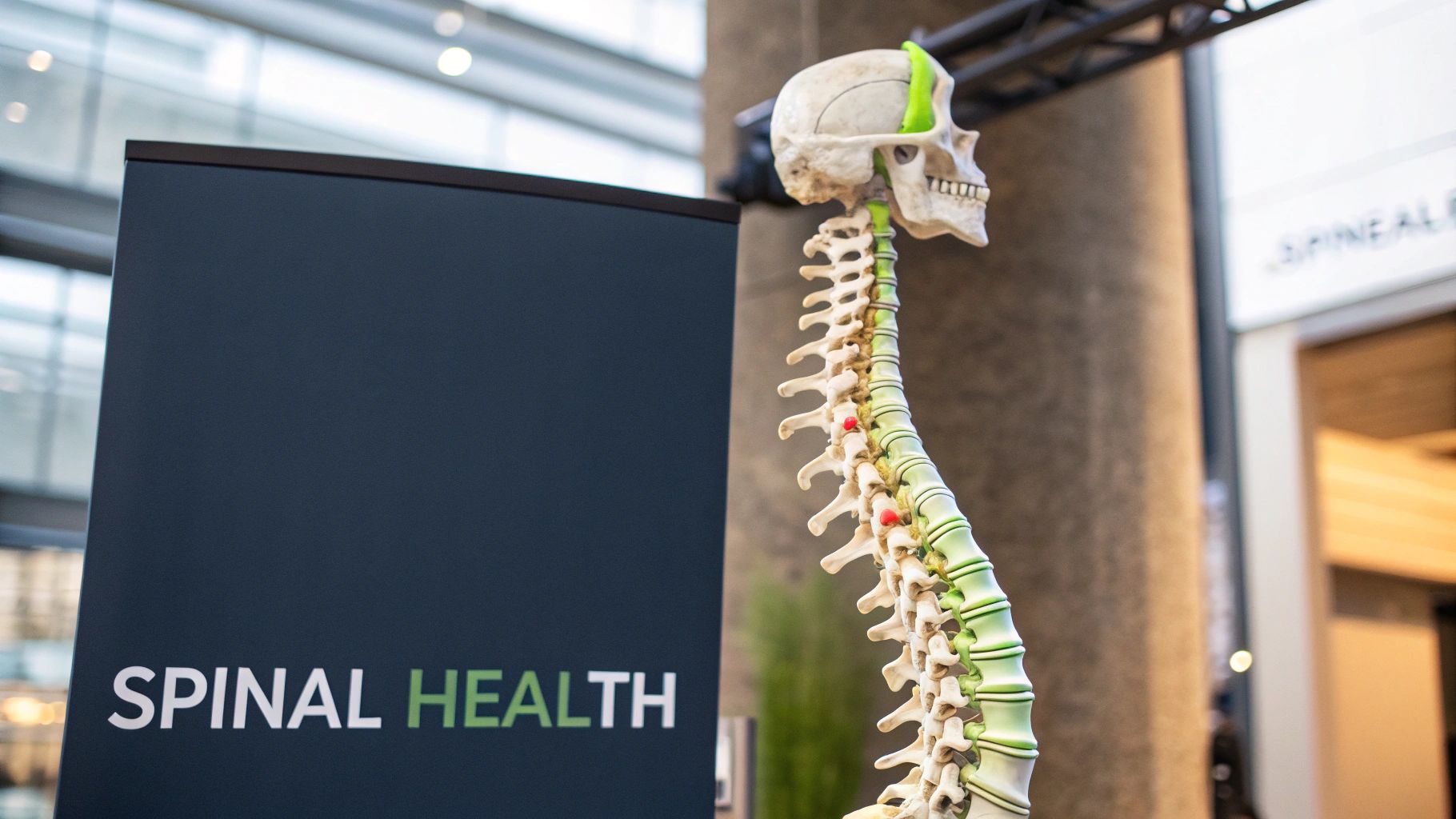 A detailed anatomical model of a human spine and skull next to a 'Spinal Health' sign.