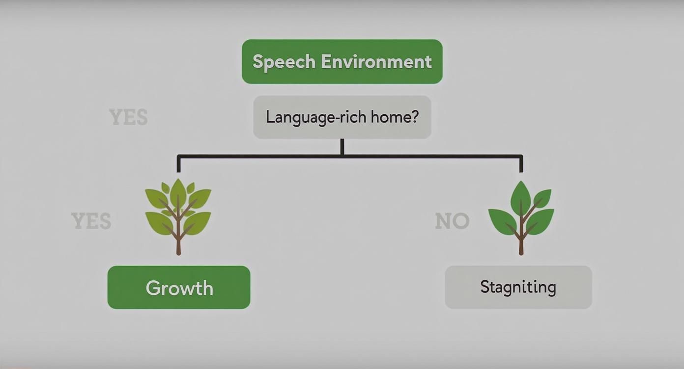 A flowchart showing that a language-rich home environment leads to speech growth, while its absence results in stagnation.