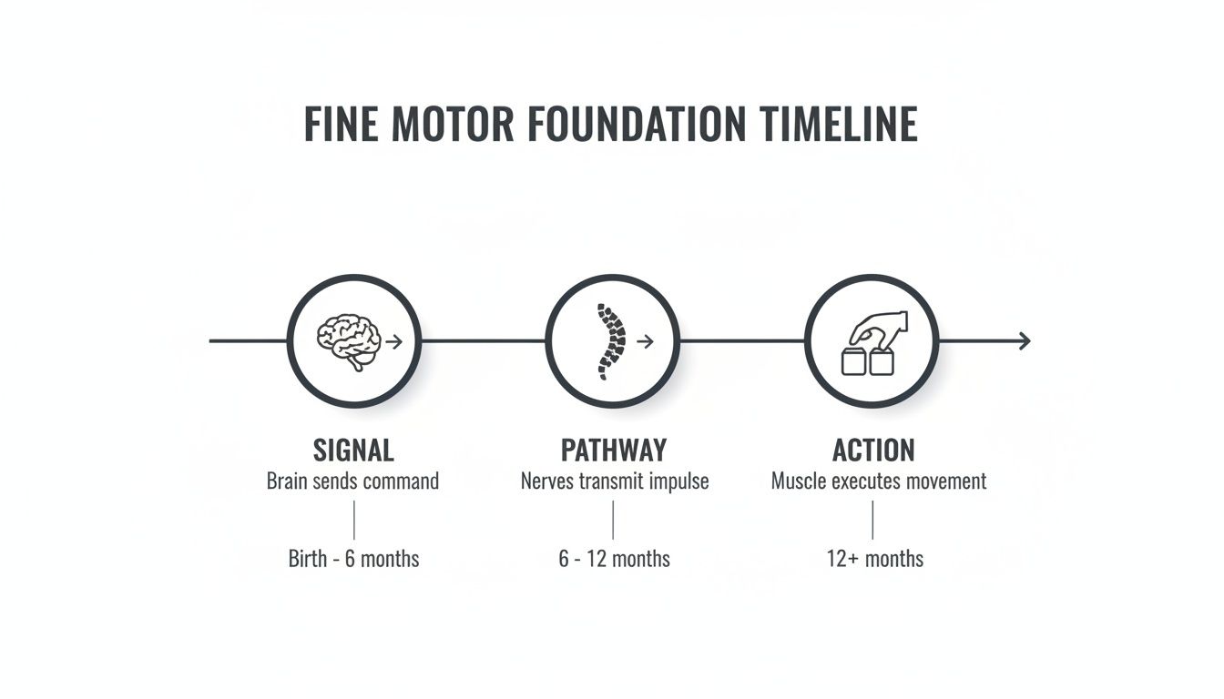 A fine motor foundation timeline illustrating the sequence from brain signal to muscle action across developmental stages.