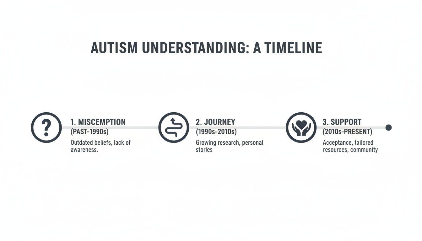 A timeline illustrating the evolution of autism understanding through misception, journey, and support stages.