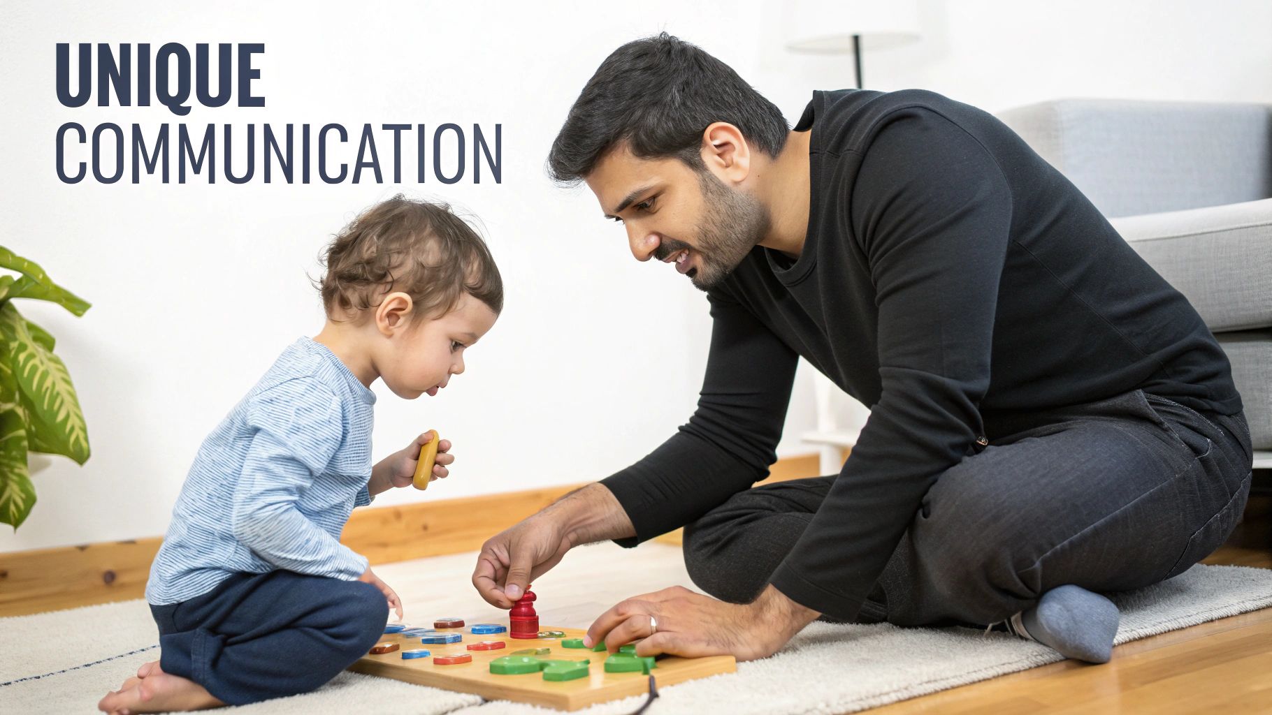 A father and toddler happily playing together on the floor with a colorful shape sorter toy.