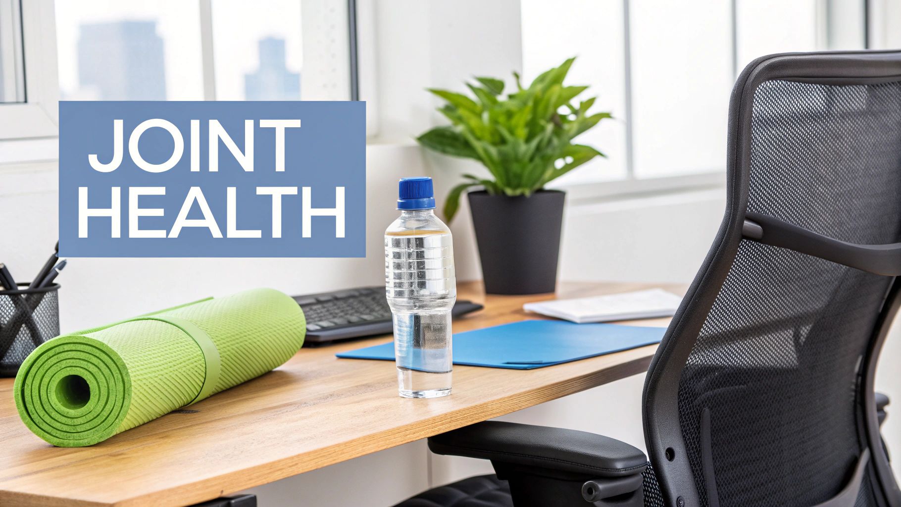 A person stretching their back while sitting at an ergonomic desk.
