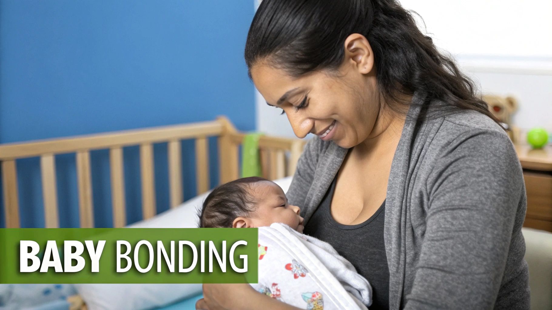 A smiling mother gently cradles her sleeping newborn baby, promoting baby bonding.