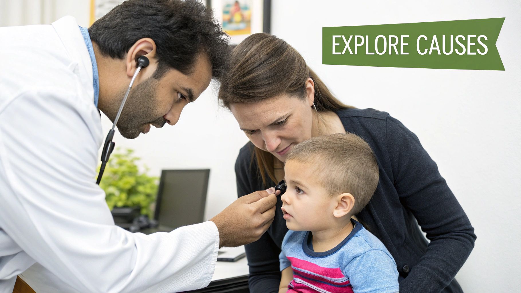 A male doctor examines a young child's ear with an otoscope as the mother watches attentively.