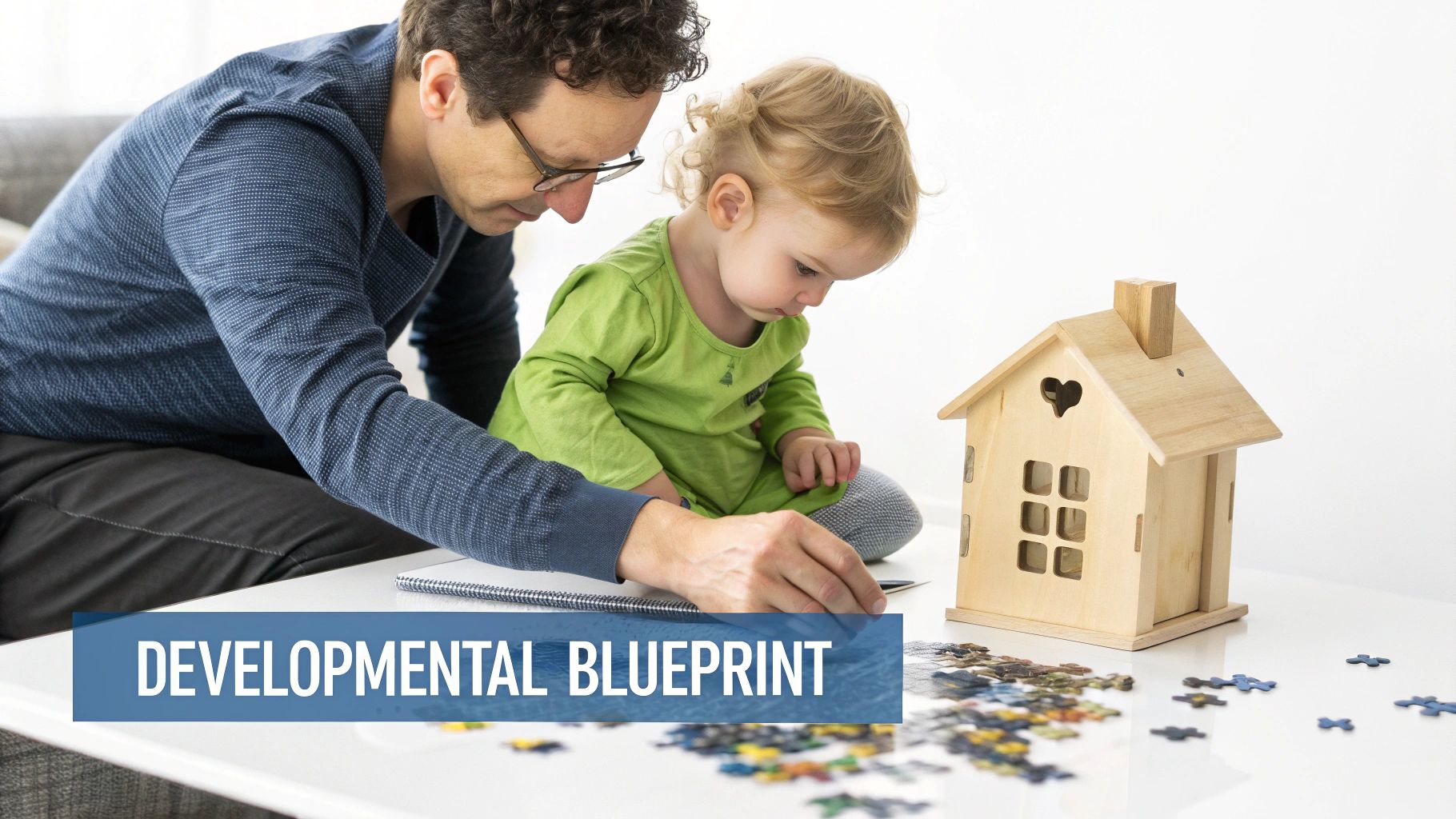 A man and a young child are engaged in play with a wooden house and puzzle pieces.