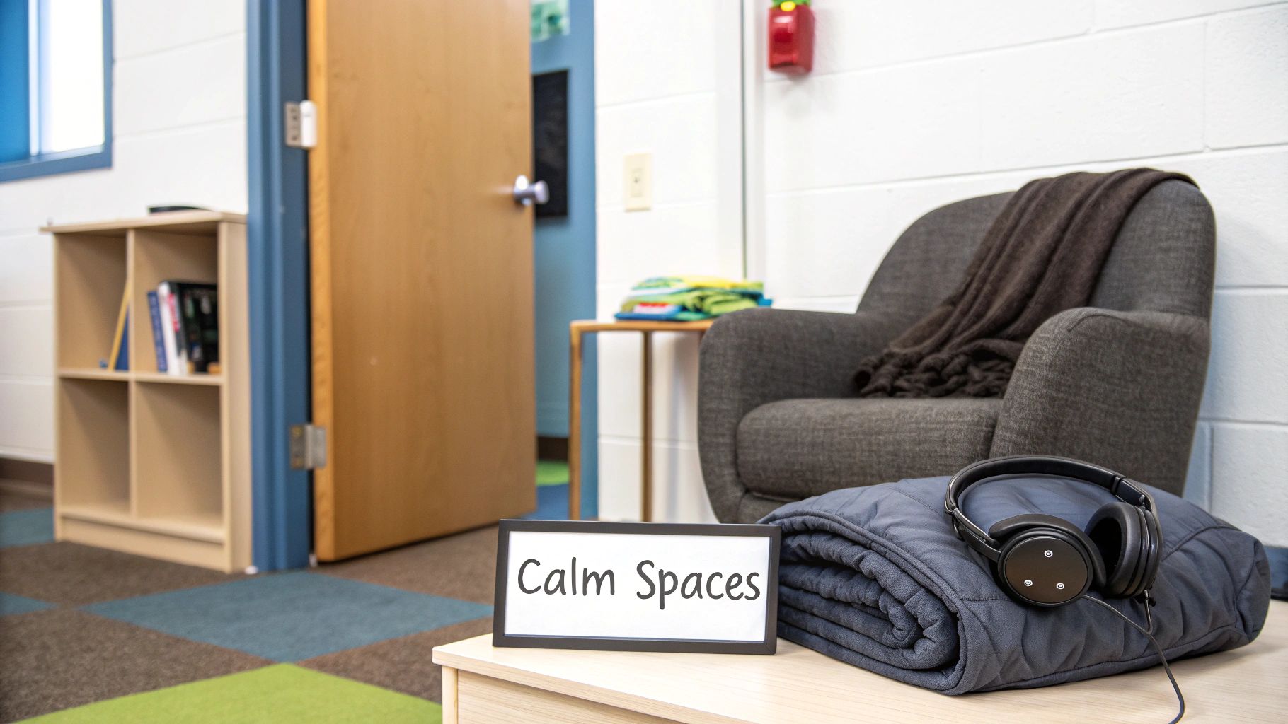 A "Calm Spaces" sign, headphones on a weighted blanket, and an armchair in a quiet room.